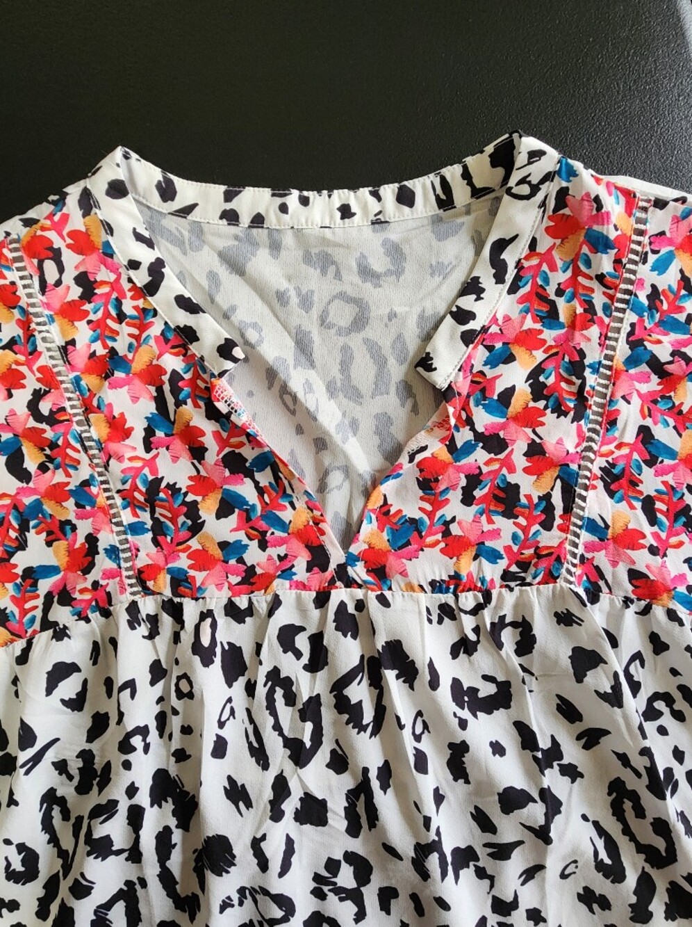 Boho Leopard Print Babydoll‎ Blouse Top | Mixed Print Tunic | L - Picture 6 of 8